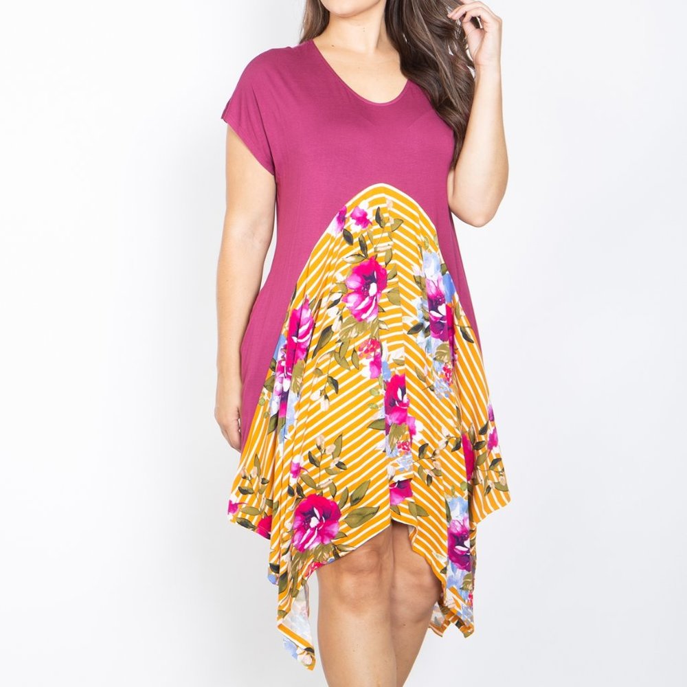 ODDY Muscle Sleeve V-Neck Pink Marsala Plus 1X/2X Hanky Hem Mustard Pockets Midi